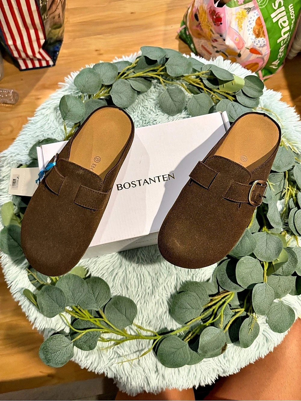 BOSTANTEN Suede Clog Slippers Brown EU 38